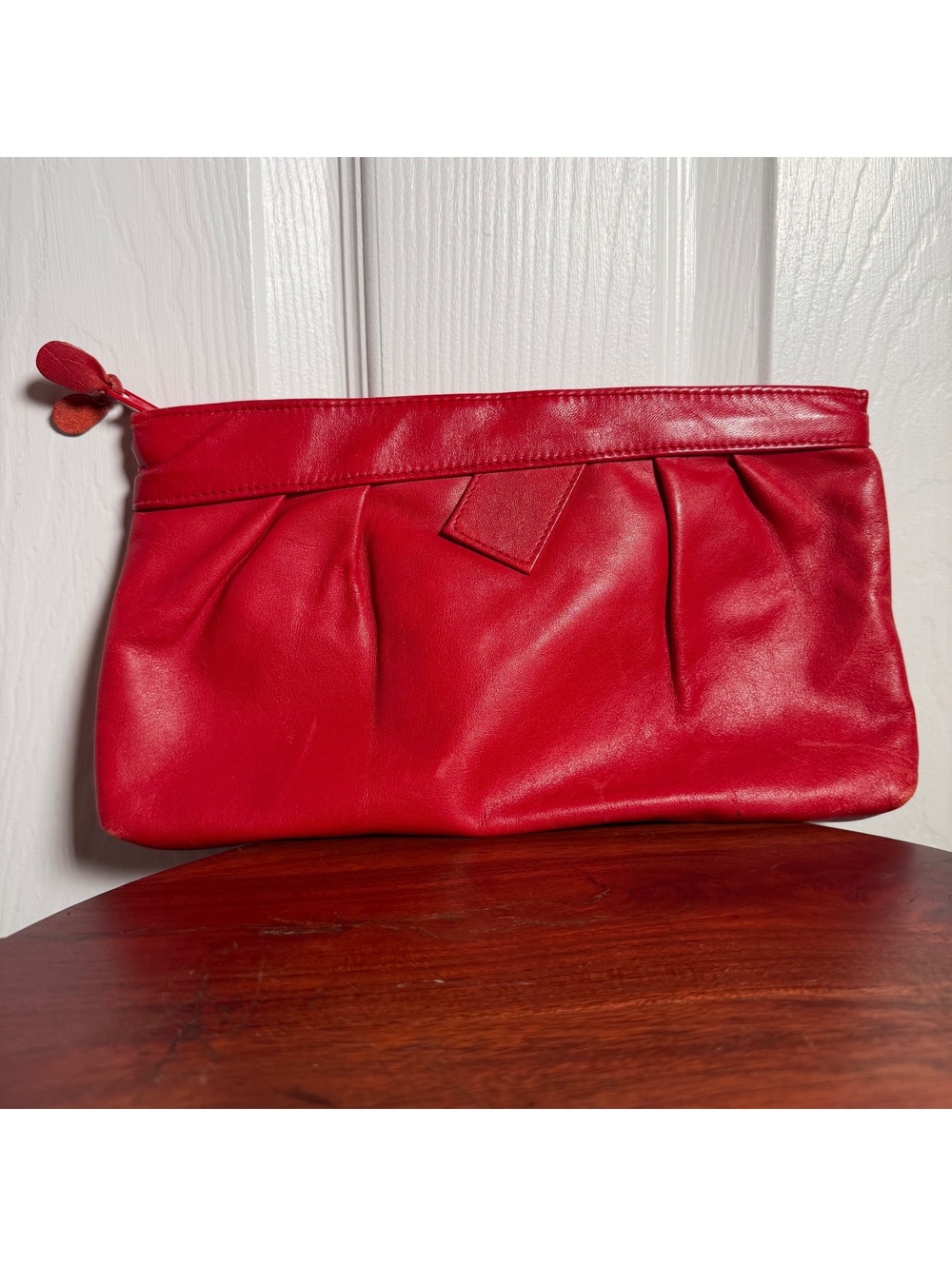 Vintage Contessa Red Genuine Leather Pleated Clutch Purse Zip Evening Bag